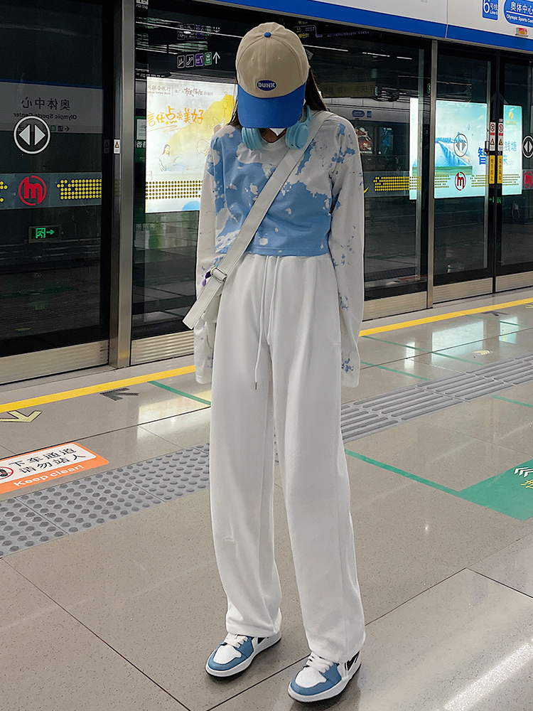 High-waisted grey sport pants for women, 2022 summer new style loose straight-leg running wide-leg pants, petite sweatpants Item Picture
