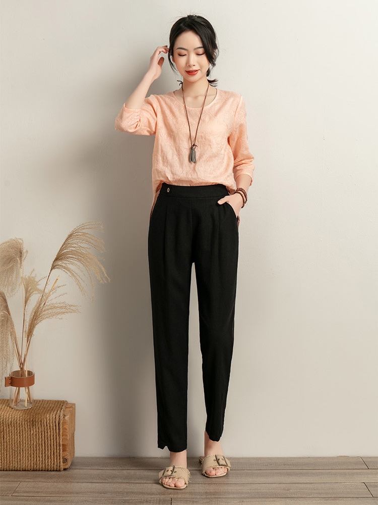 Factory direct sales of summer thin cotton and linen Halon pants, women's casual pants, solid color linen nine-inch pants, elastic waist women's pants for summer Specification image