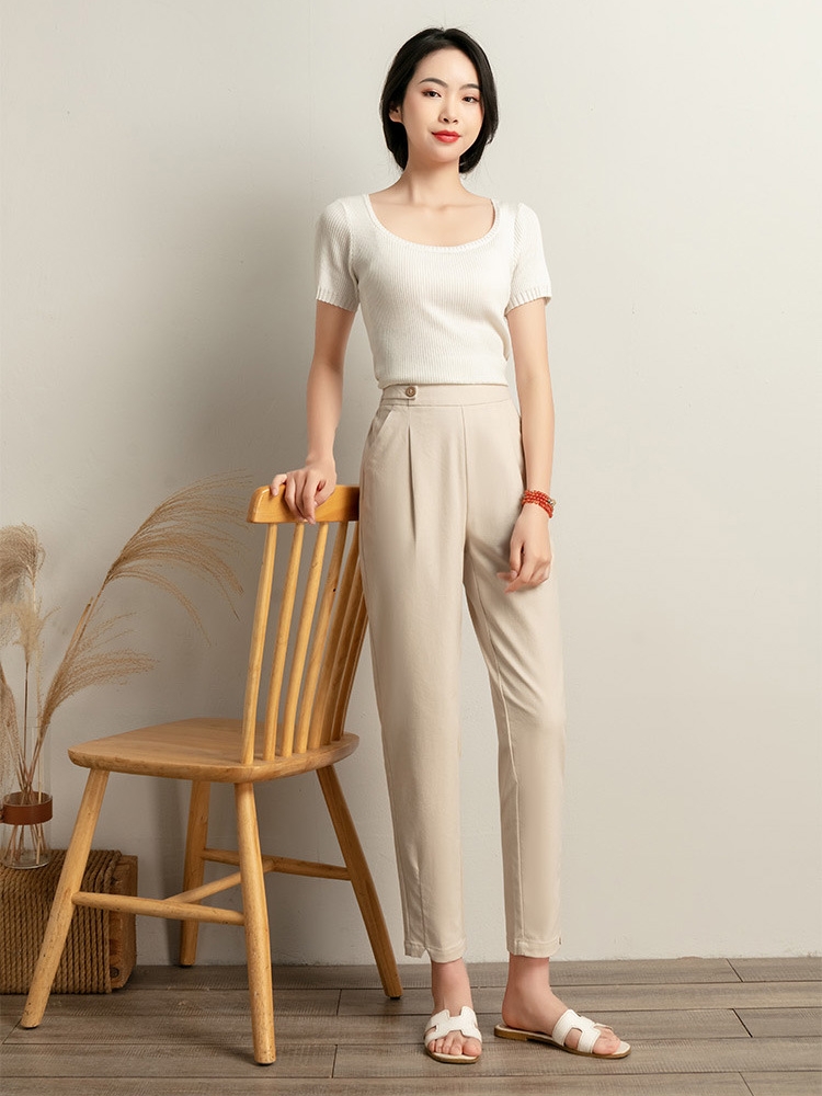 Factory direct sales of summer thin cotton and linen Halon pants, women's casual pants, solid color linen nine-inch pants, elastic waist women's pants for summer