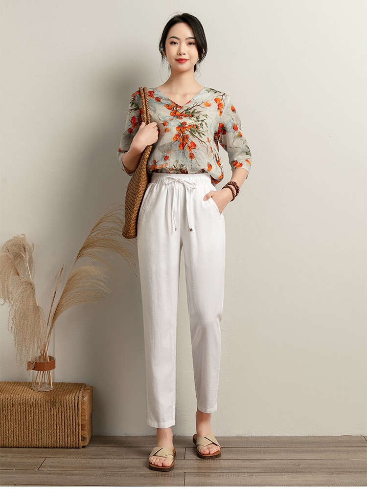 2022 New casual cotton and linen nine-inch pants, women's elastic belt tie pants, thin loose Harem pants, nine-inch pants Specification image