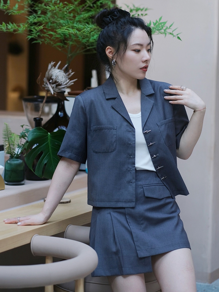 JML Ginger grain grey short-sleeved small suit set, asymmetrical culopants for commuting, single-breasted solid color, summer loose Application Scenario