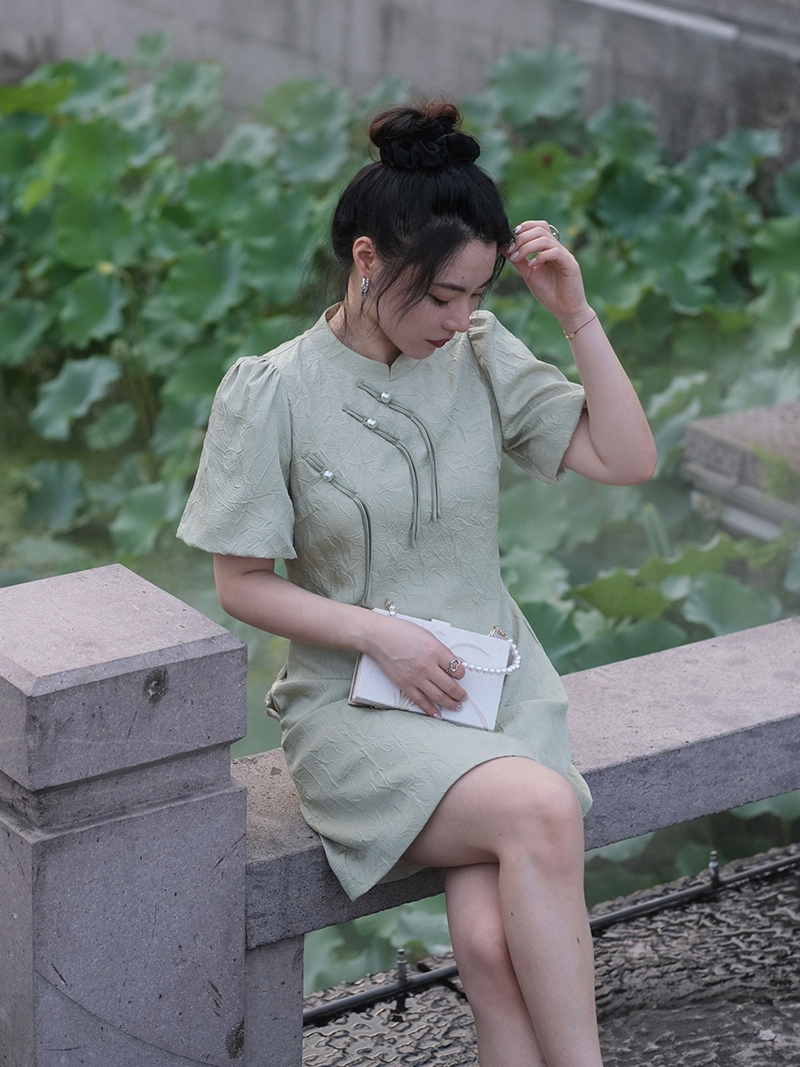 JML Ginger, wheat and bean green New Chinese-style women's dress, Chinese-style dress, improves the pear-shaped figure of the cheongsam woman Xia Specification image