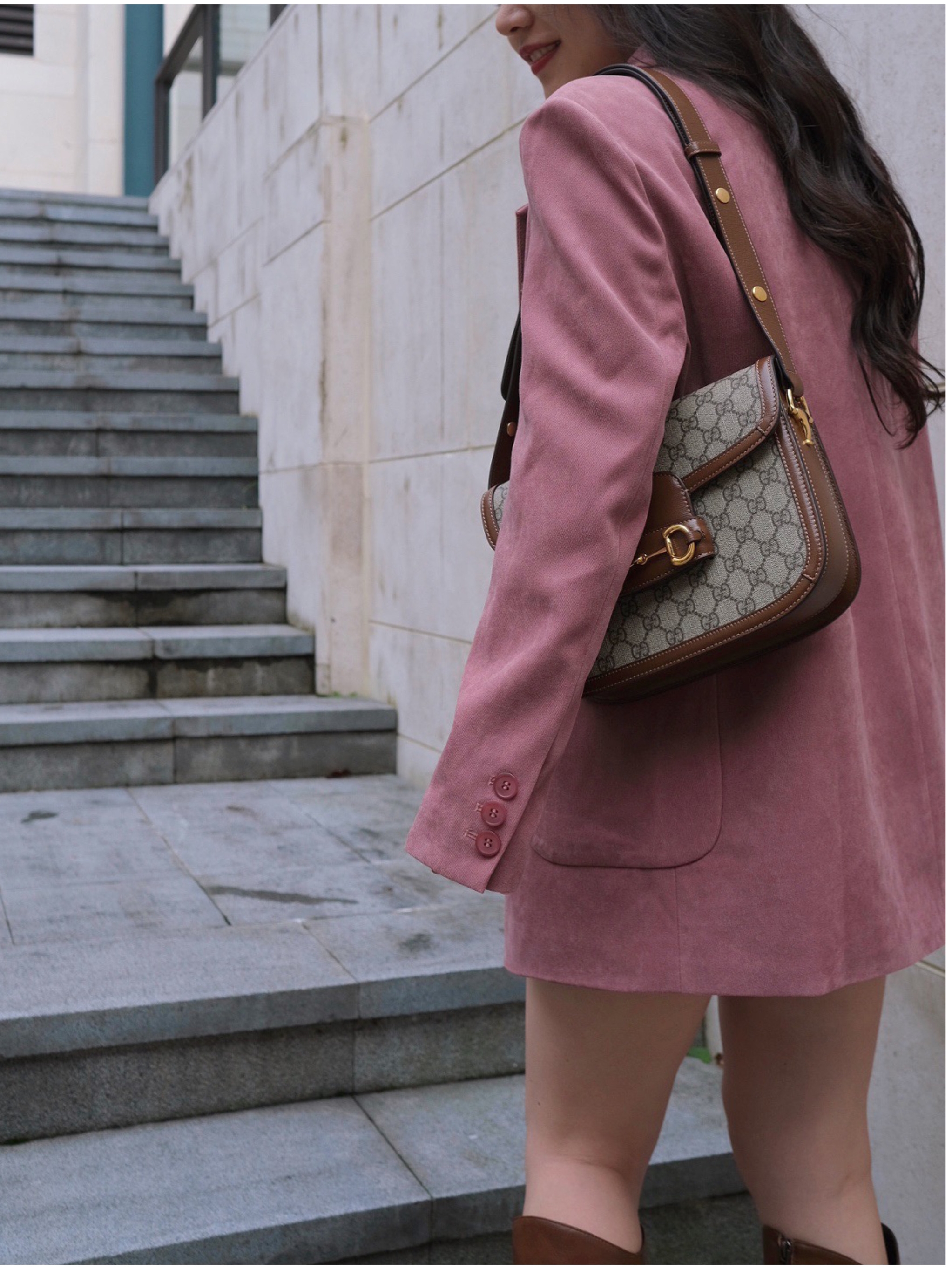 JML Ginger Wheat Grain 2022 Autumn New Dry rose dirty Pink Niche mid-length Suit Long-sleeved jacket for women details Picture