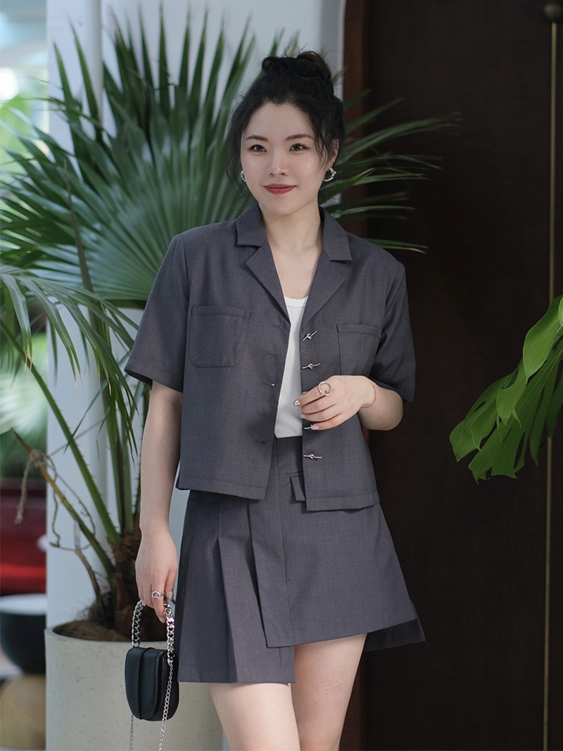 JML Ginger grain grey short-sleeved small suit set, asymmetrical culopants for commuting, single-breasted solid color, summer loose Specification image