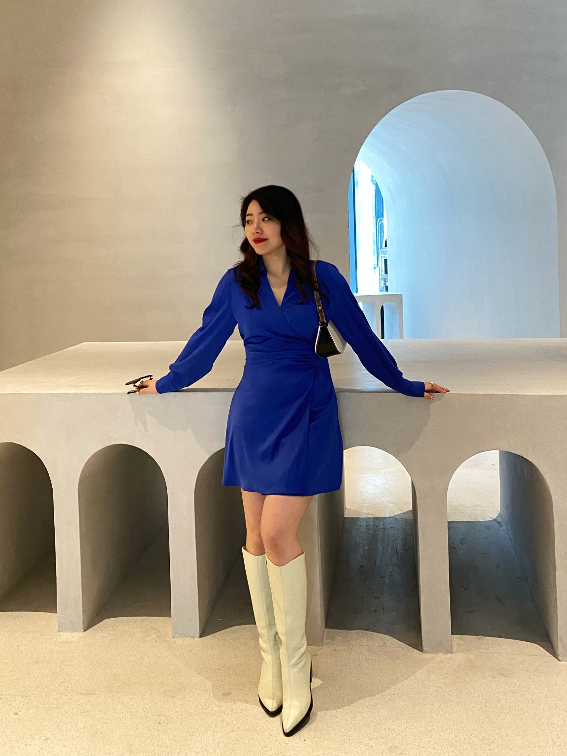 JML Ginger Wheat grain Klein Blue long-sleeved slimming and waist-cinching shirt dress autumn bag hip dress Light mature style feminine charm Specification image