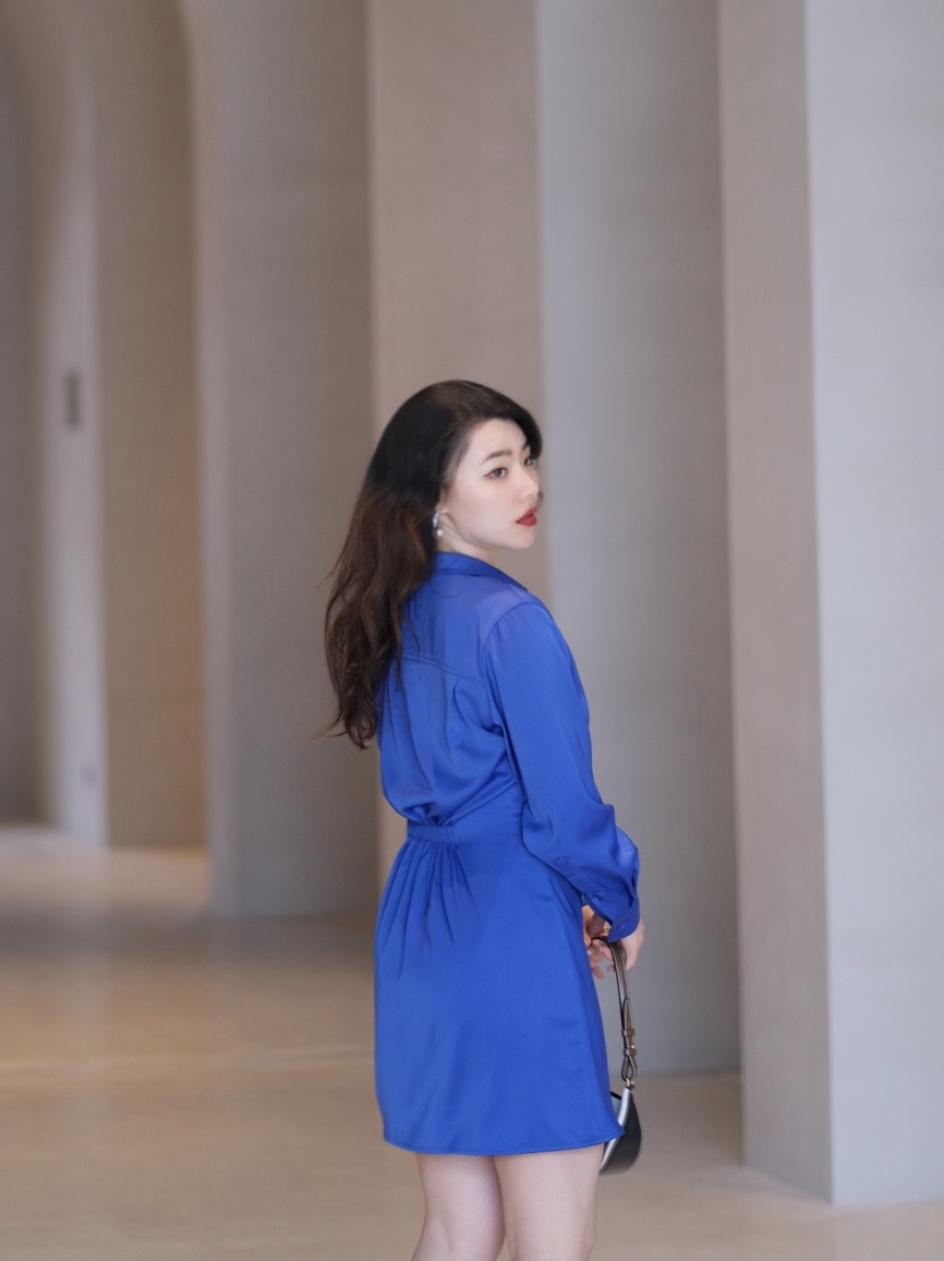 JML Ginger Wheat grain Klein Blue long-sleeved slimming and waist-cinching shirt dress autumn bag hip dress Light mature style feminine charm Application Scenario