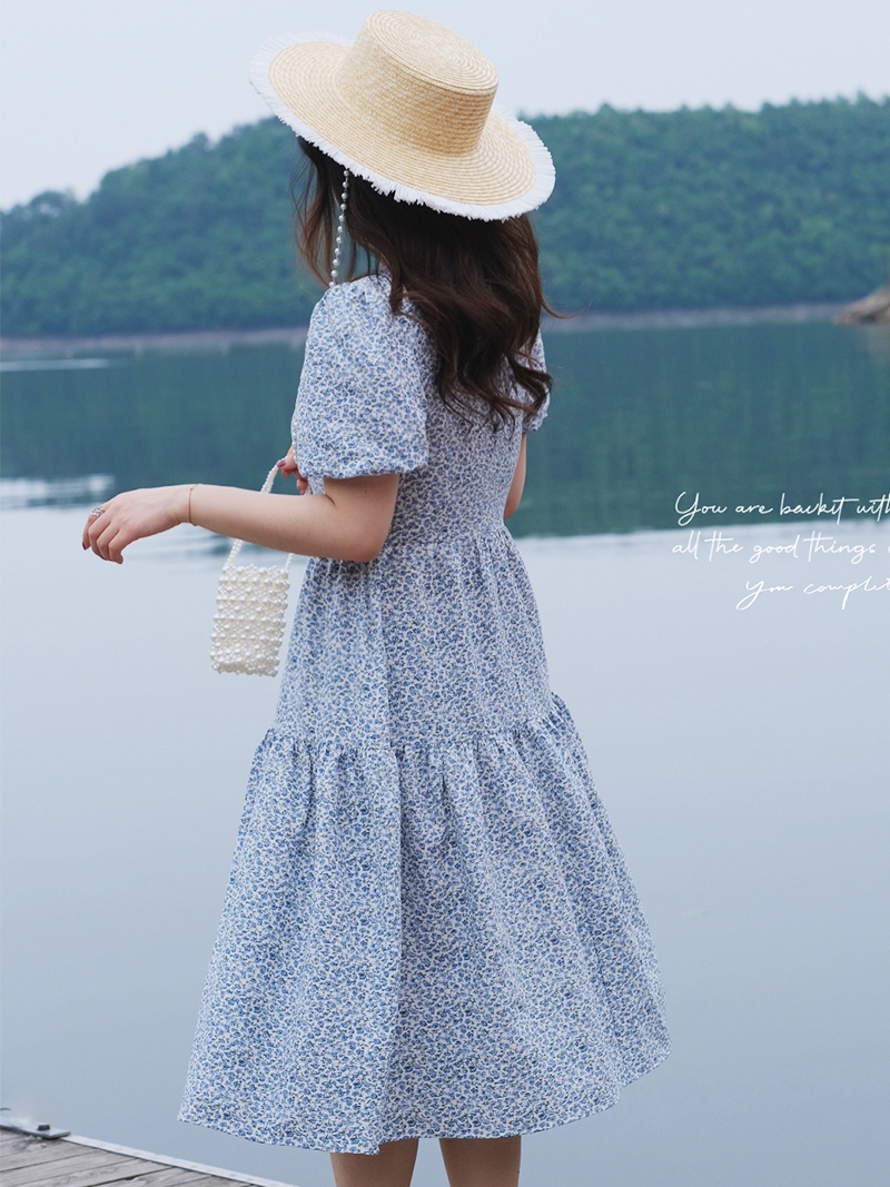 JML Ginger and wheat grain French square neck blue floral puffed sleeve slimming long dress Summer women's tea break dress