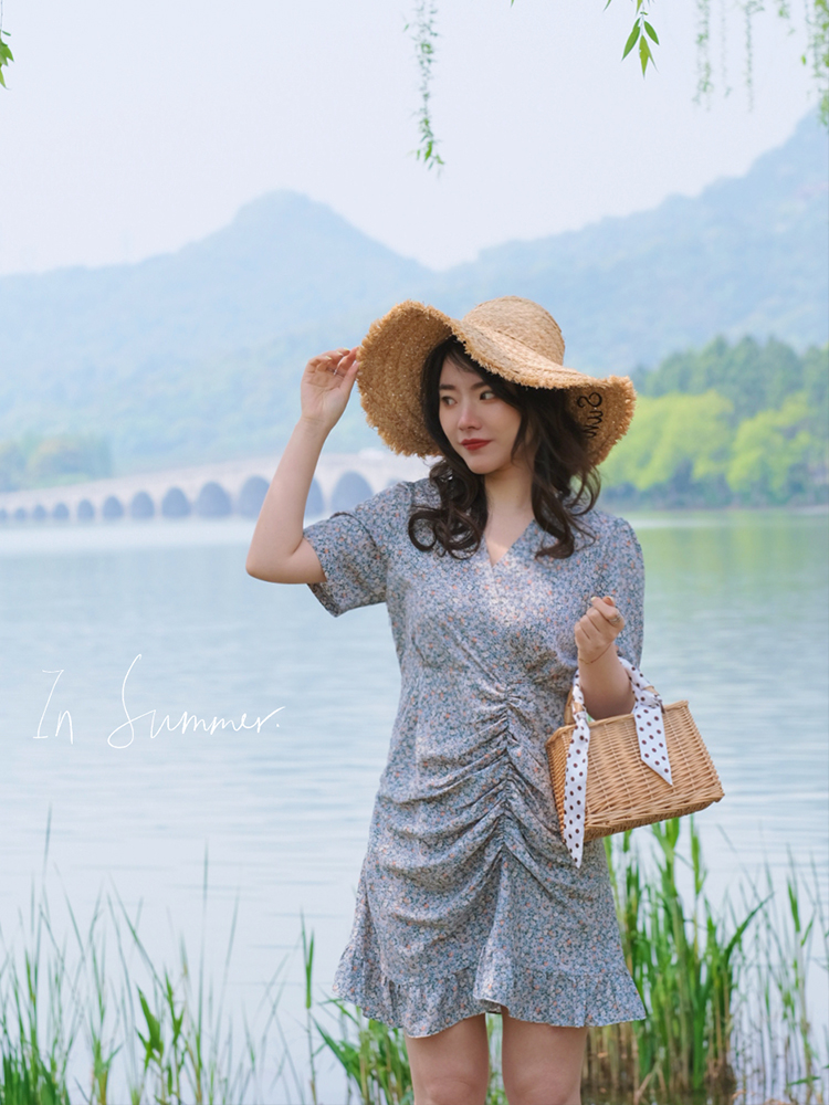 JML Ginger Wheat Grain French V-neck Picnic blue floral pleated high-waisted tea break dress Slimming short dress Item Picture