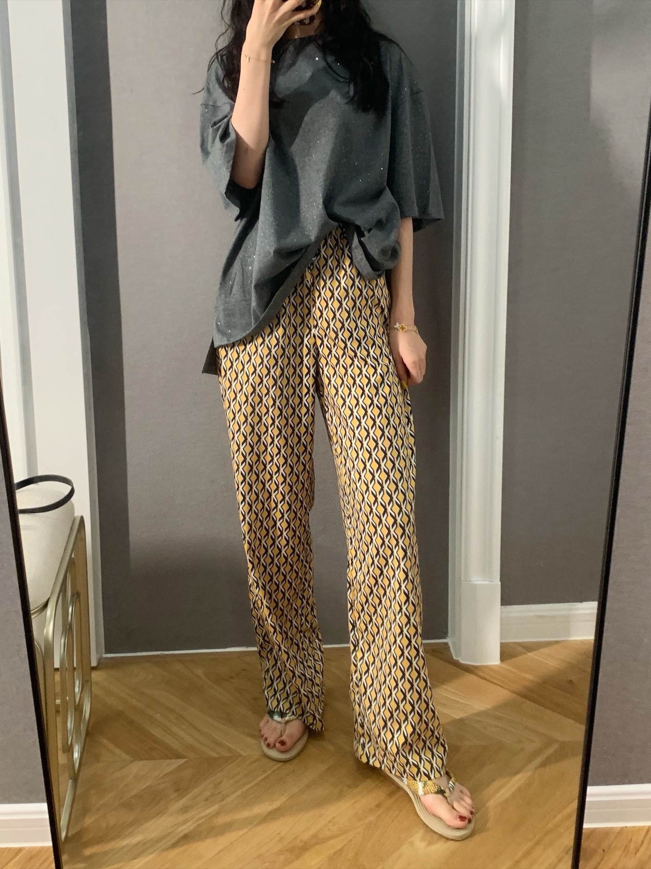 Wide-leg pants, women's high-waisted printed pants, summer ice silk straight leg, casual loose, slimming, floor-length beach pants, thin style details Picture