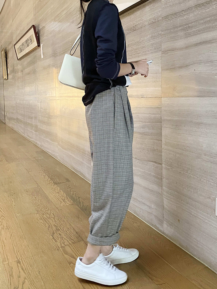 High-waisted, petite, retro checkered conical suit pants for women in the 2022 autumn, with a loose 9-inch Harem design Item Picture