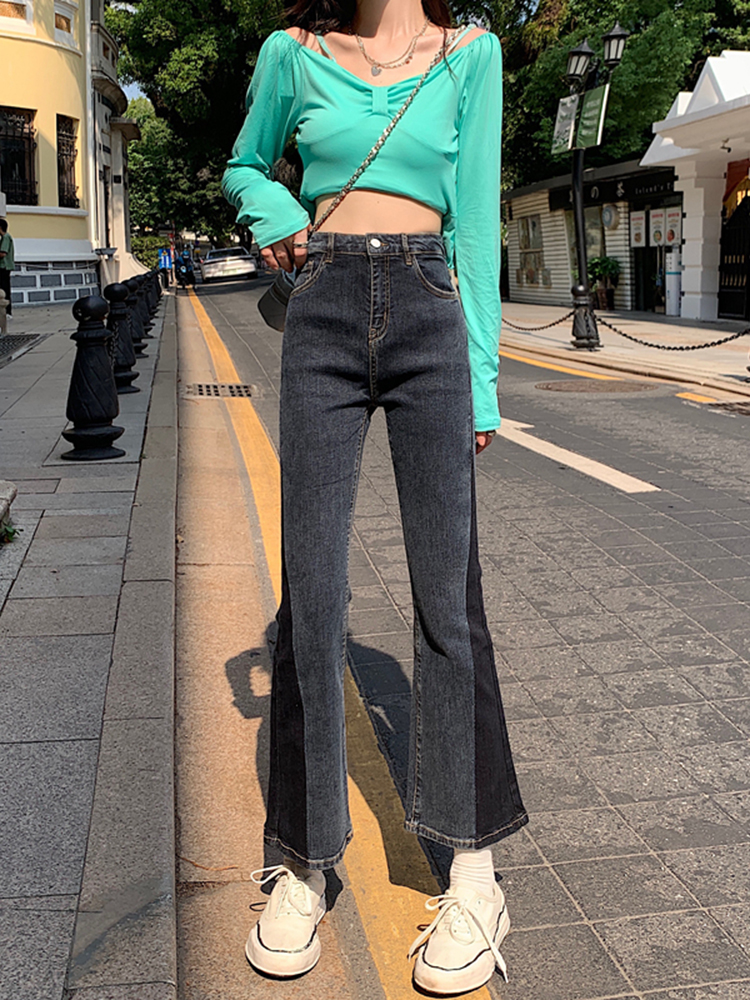 Women's summer thin denim pants 2022 new style, unique design, color-blocked high-waisted, slimming, slightly flared nine-inch pants Specification image