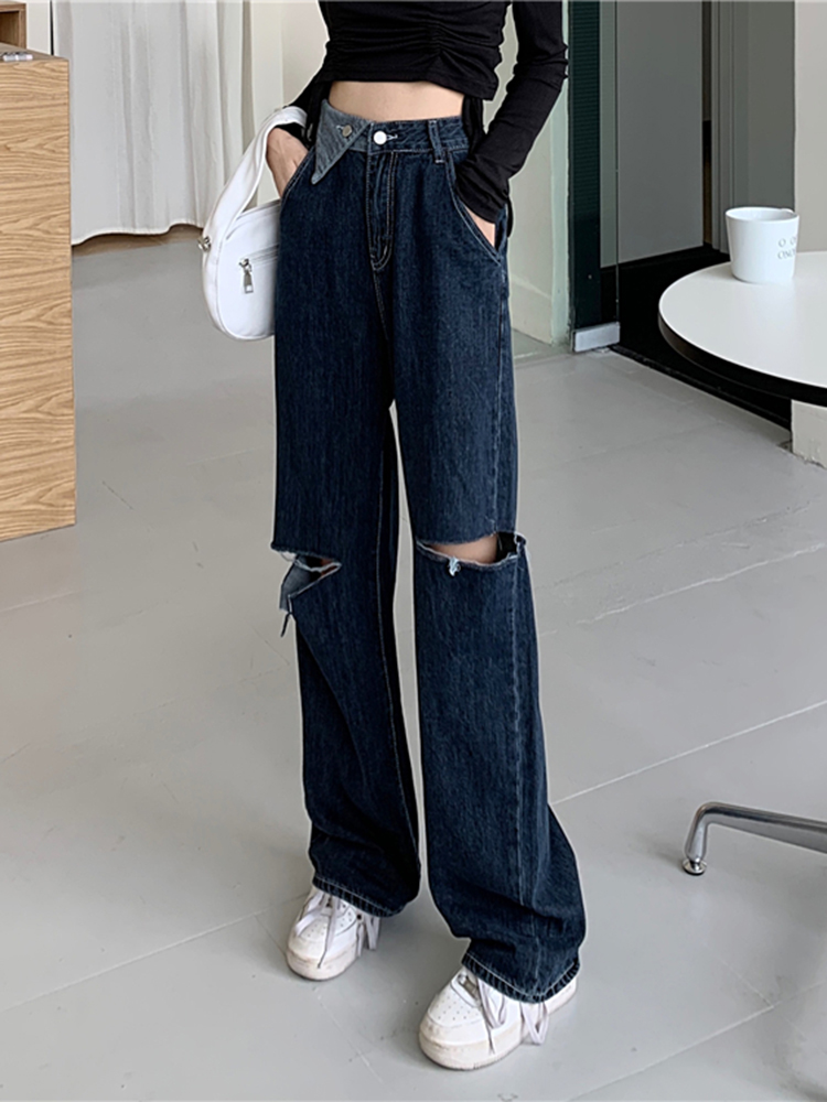 Ripped jeans for women, summer, thin, petite, high-waisted, straight-leg, loose, wide-leg floor-length pants, ins, high street trend