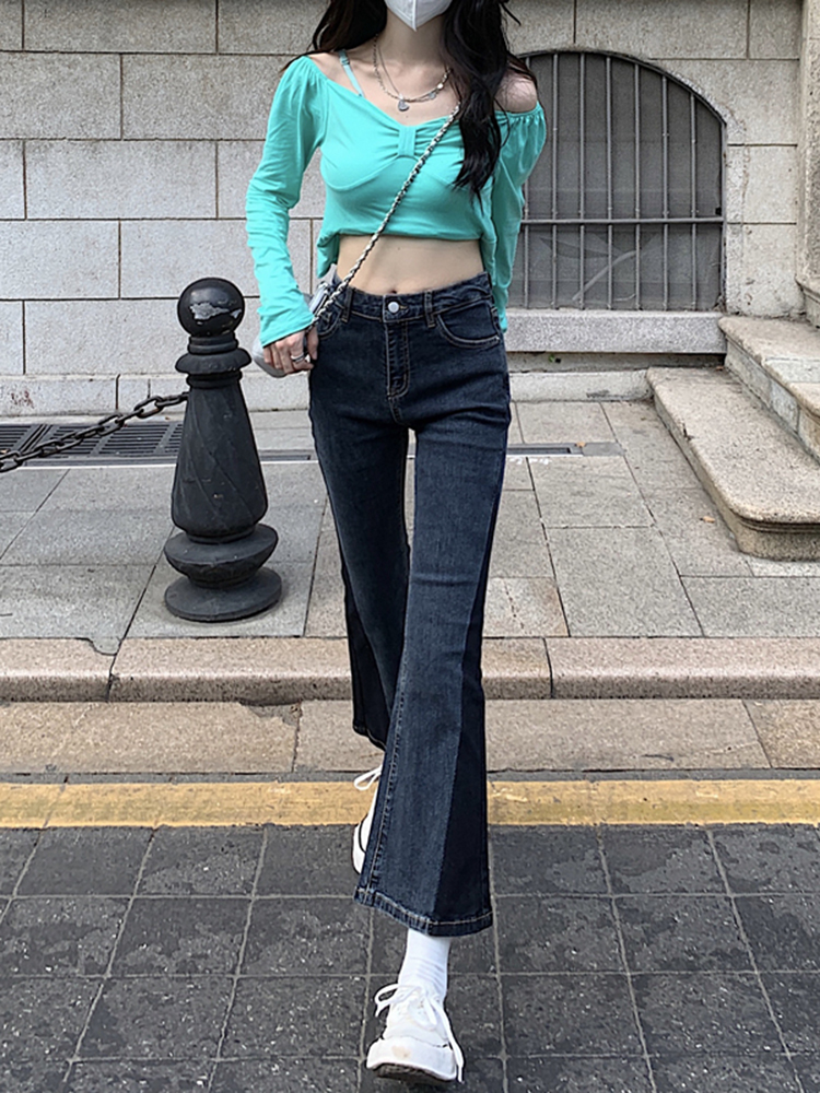 Women's summer thin denim pants 2022 new style, unique design, color-blocked high-waisted, slimming, slightly flared nine-inch pants Application Scenario