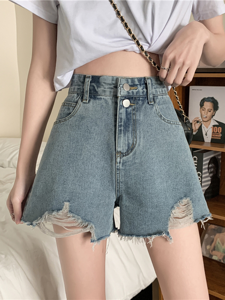 Ripped denim shorts for women's summer, thin high-waisted, niche design sense hot pants, ins high street trend A-line wide-leg pants Specification image