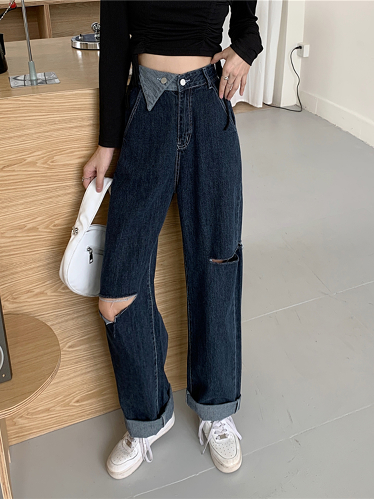 Ripped jeans for women, summer, thin, petite, high-waisted, straight-leg, loose, wide-leg floor-length pants, ins, high street trend details Picture