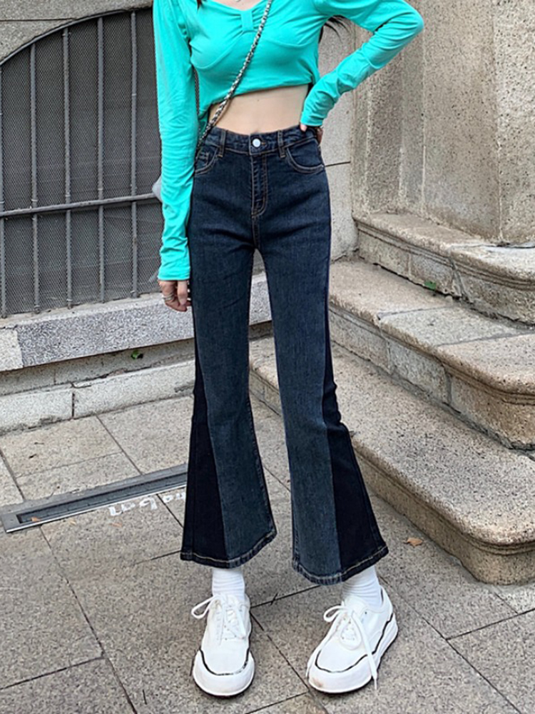 Women's summer thin denim pants 2022 new style, unique design, color-blocked high-waisted, slimming, slightly flared nine-inch pants