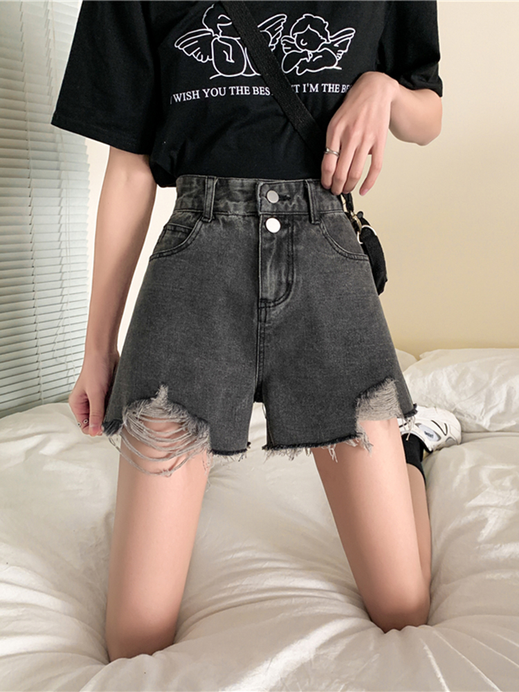 Ripped denim shorts for women's summer, thin high-waisted, niche design sense hot pants, ins high street trend A-line wide-leg pants details Picture