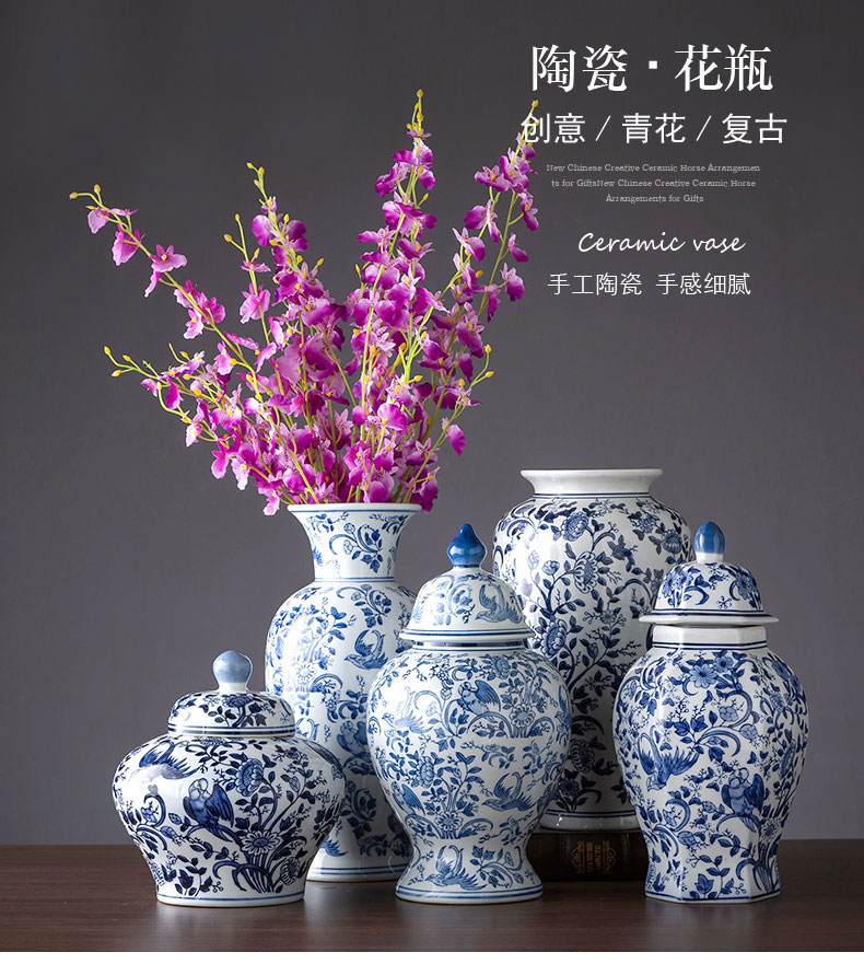 Ceramic blue and white porcelain vases, blue and white porcelain vase ornaments, home living room flower arrangement, TV cabinet decoration and arrangement pic 2