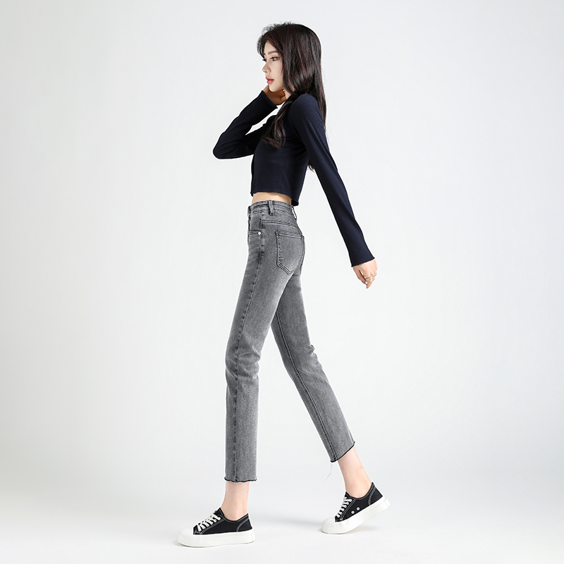 Smoke-gray straight-leg jeans for women, high-waisted 2022 summer new style, fringed nine-inch pants, slimming stretch cigarette tube pants Specification image