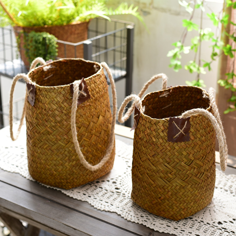田园草编花篮花盆 干花篮手工编织收纳篮子 藤编竹编客厅装饰花器详情2