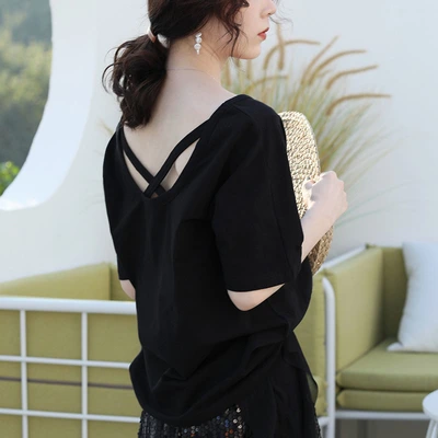 415415 Black T-shirt women short sleeve loose u neck pure cotton sexy low neck half sleeve 2022 new summer clothes on the ins tide
