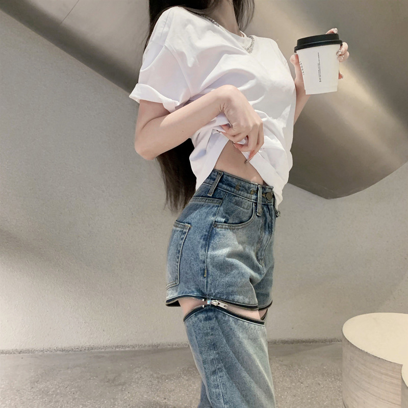 Detachable zipper jeans for women's summer, new straight-leg high-waisted denim shorts, personalized design, two-piece women's pants details Picture