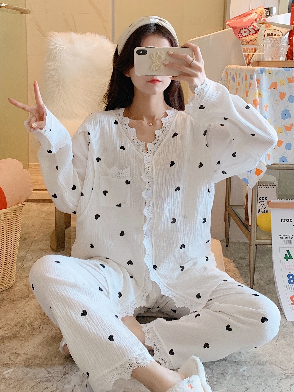 Postpartum clothes, thin pure cotton gauze for spring, autumn and winter, summer, December, January, postpartum, 2, lactation and pregnancy. Pajamas for pregnant women Specification image