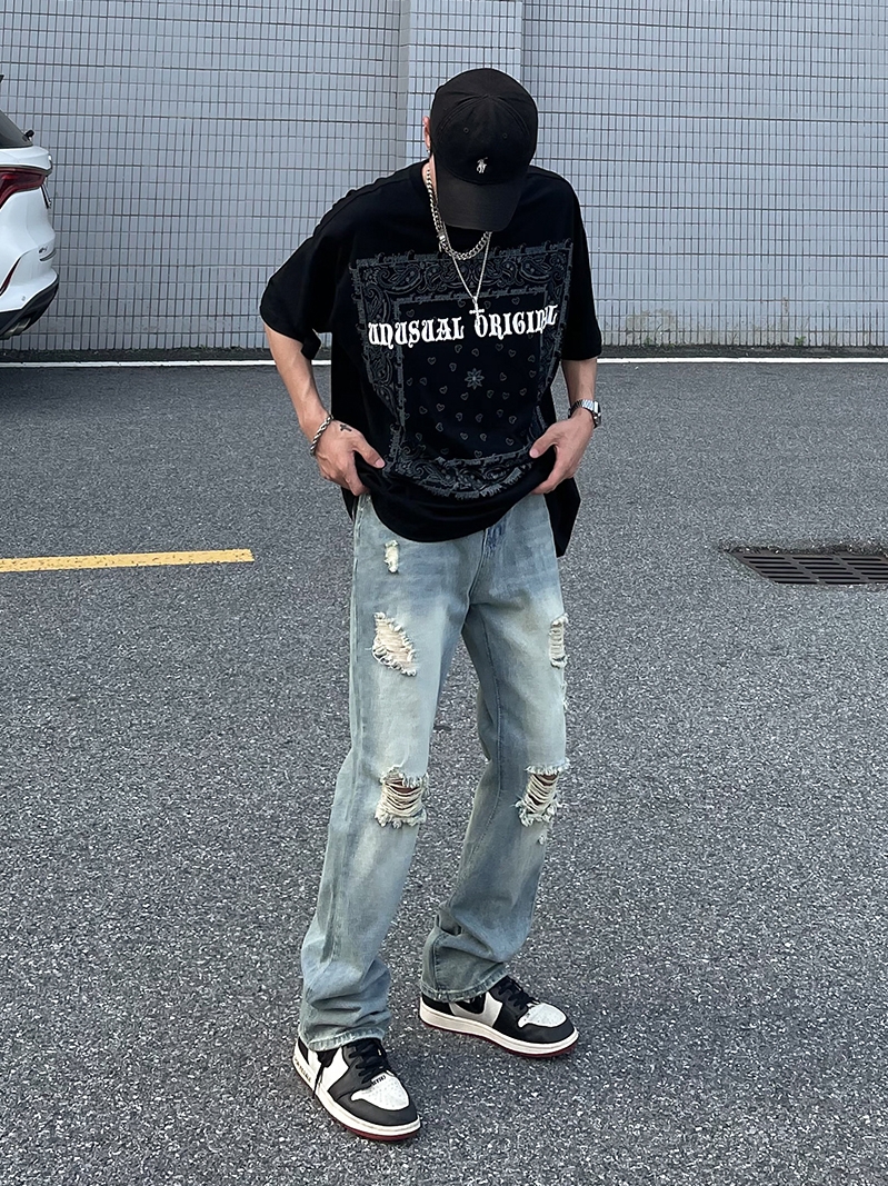 American high street washed, distressed and ripped jeans for men, ins, European and American trendy brand vibe loose straight-leg trousers Specification image