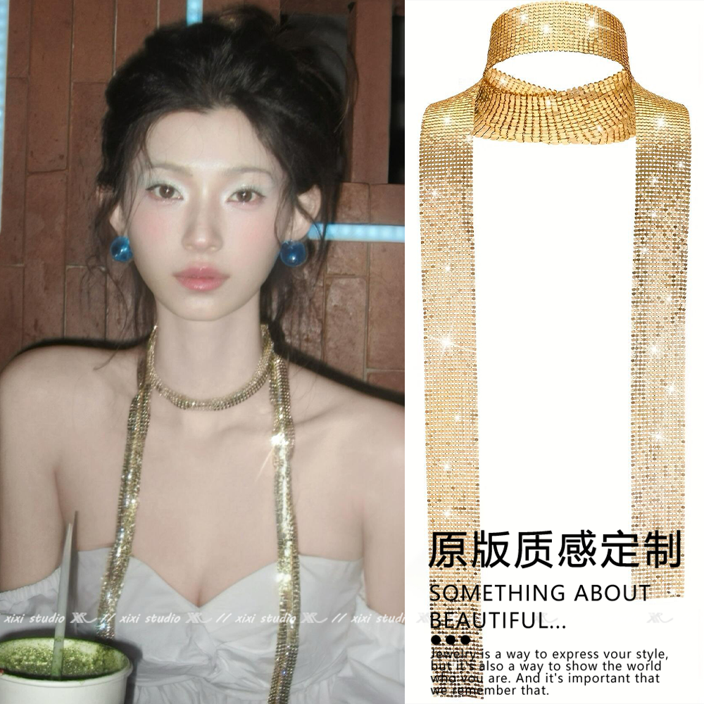 超闪辣妹亮片丝巾气质细长条飘带领巾氛围感拍照颈饰个性新品配饰详情1