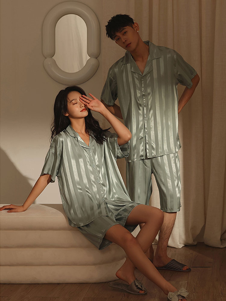 2022 New couple pajamas for men and women, thin short-sleeved striped ice silk satin high-end home wear set