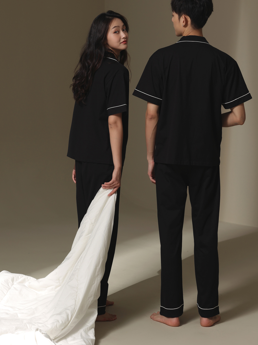 2022 New couple pajamas for men and women summer short-sleeved shirts and long pants, thin and high-end Muji style home wear sets Item Picture