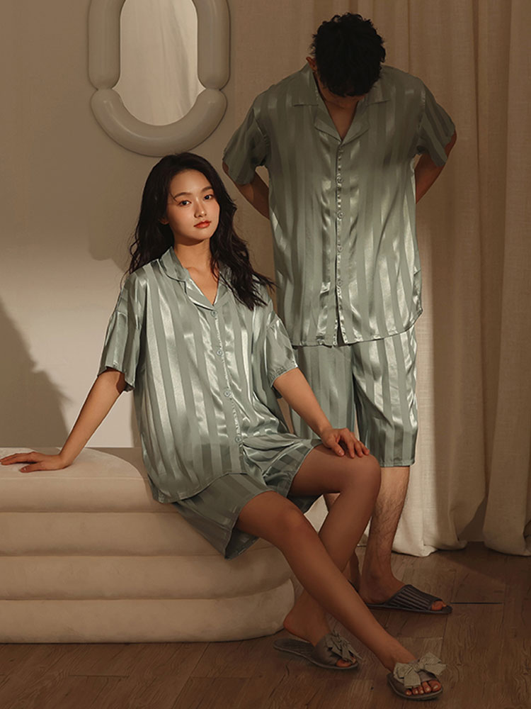 2022 New couple pajamas for men and women, thin short-sleeved striped ice silk satin high-end home wear set Item Picture