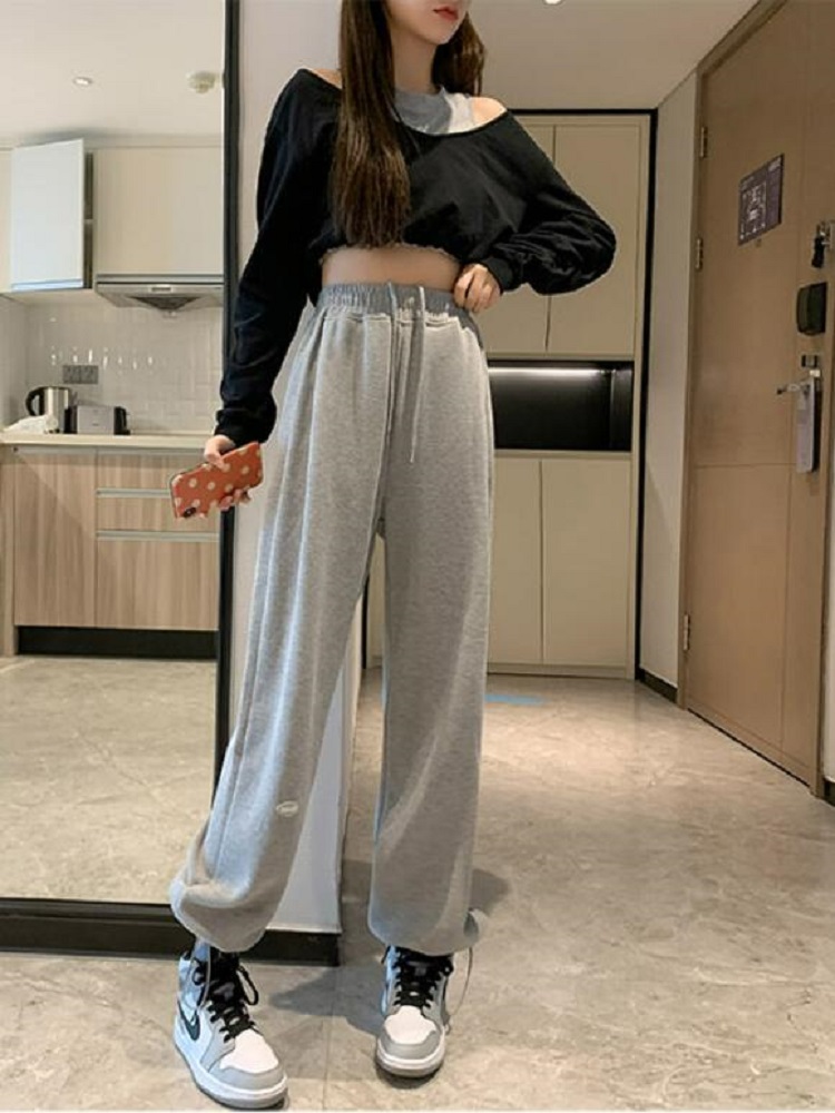Korean grey sport pants for women, thin style, spring and autumn new style, petite loose, tight-fitting, straight-leg, wide-leg casual sweatpants Item Picture