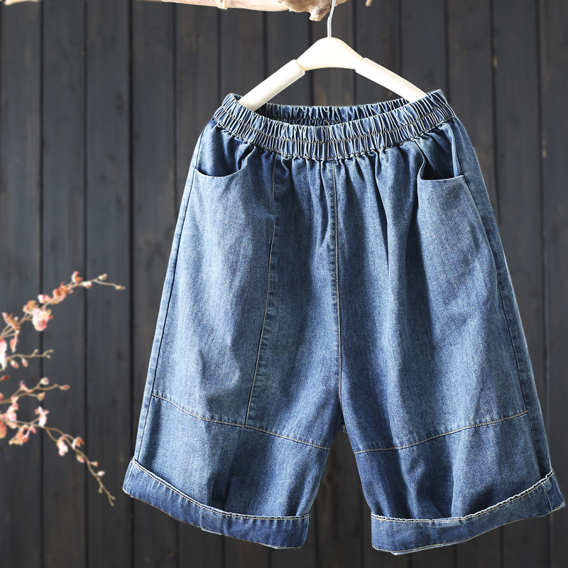 夏季2022年新款松紧腰纯色牛仔短裤女直筒宽松五分裤百搭女式中裤