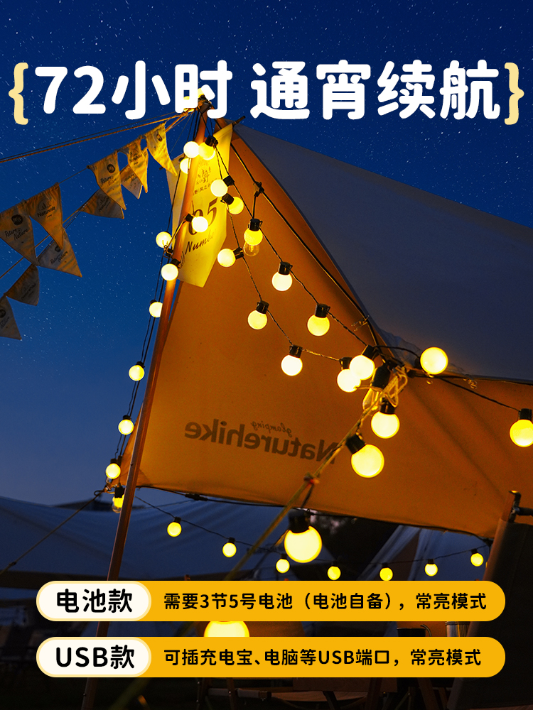Outdoor camping atmosphere lights, string lights, waterproof led large round balls, colorful lights, sky curtains, tent decorations, night market stall arrangements Application Scenario