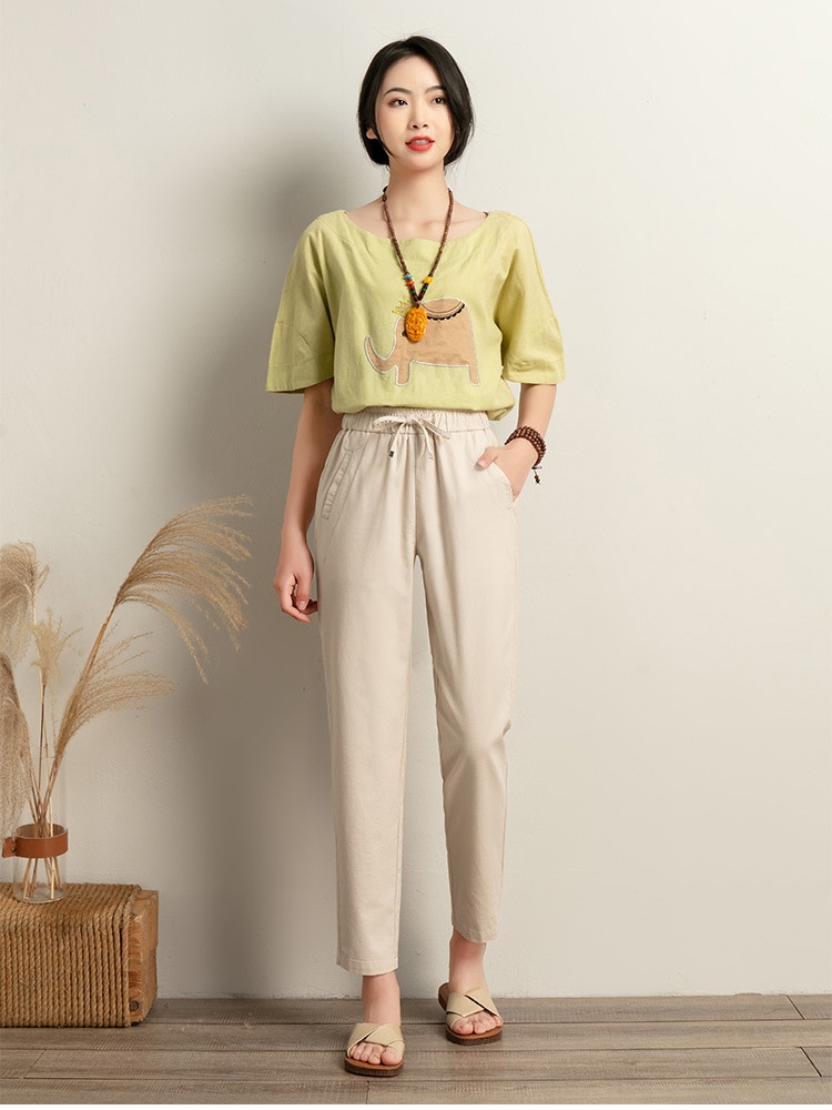 2022 New casual cotton and linen nine-inch pants, women's elastic belt tie pants, thin loose Harem pants, nine-inch pants