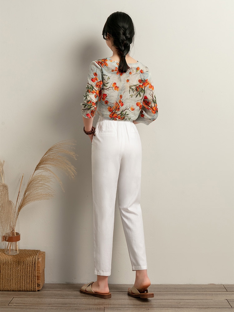 2022 New casual cotton and linen nine-inch pants, women's elastic belt tie pants, thin loose Harem pants, nine-inch pants Item Picture