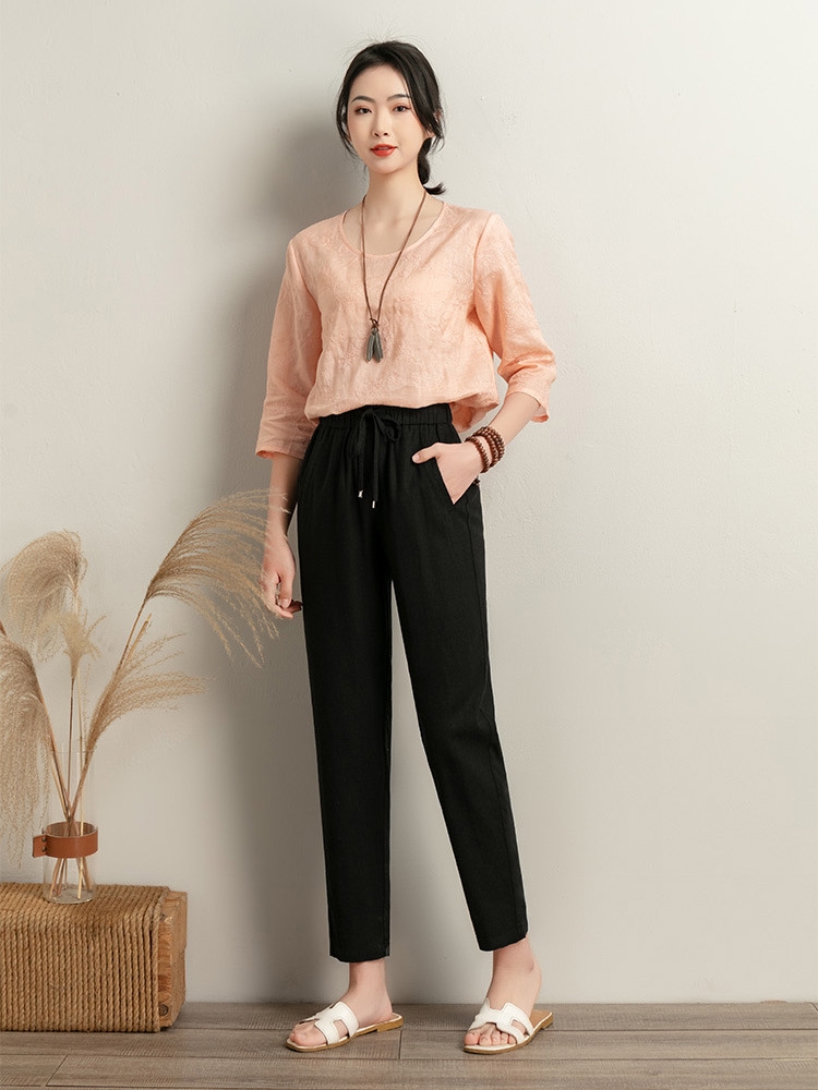 2022 New casual cotton and linen nine-inch pants, women's elastic belt tie pants, thin loose Harem pants, nine-inch pants Application Scenario
