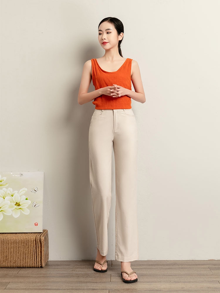 2022 Popular women's summer pants: Thin cotton and linen straight-leg pants, women's casual pants, loose and slimming, high-waisted nine-inch pants, long pants Item Picture