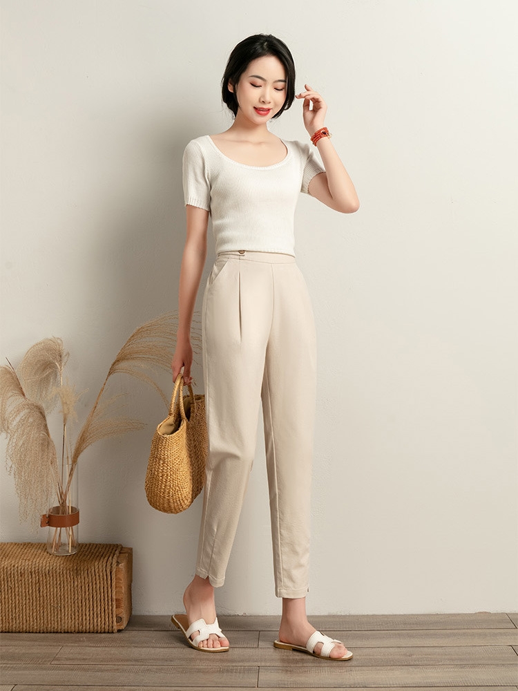 Factory direct sales of summer thin cotton and linen Halon pants, women's casual pants, solid color linen nine-inch pants, elastic waist women's pants for summer Application Scenario