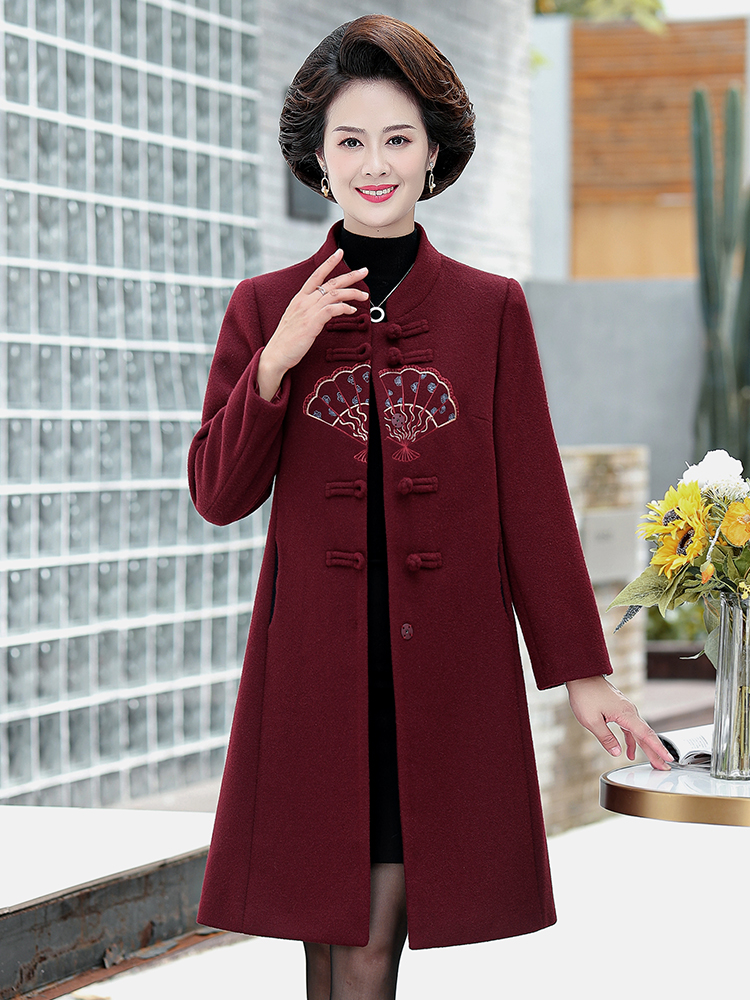 Middle-aged and elderly women's winter woolen coat, mid-length Chinese-style button-up, noble mother's spring and autumn woolen overcoat Specification image