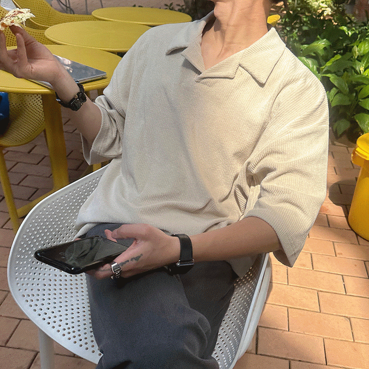 MYQ日系复古古巴领T恤男士夏季宽松翻领短袖韩版潮流五分袖上衣详情3