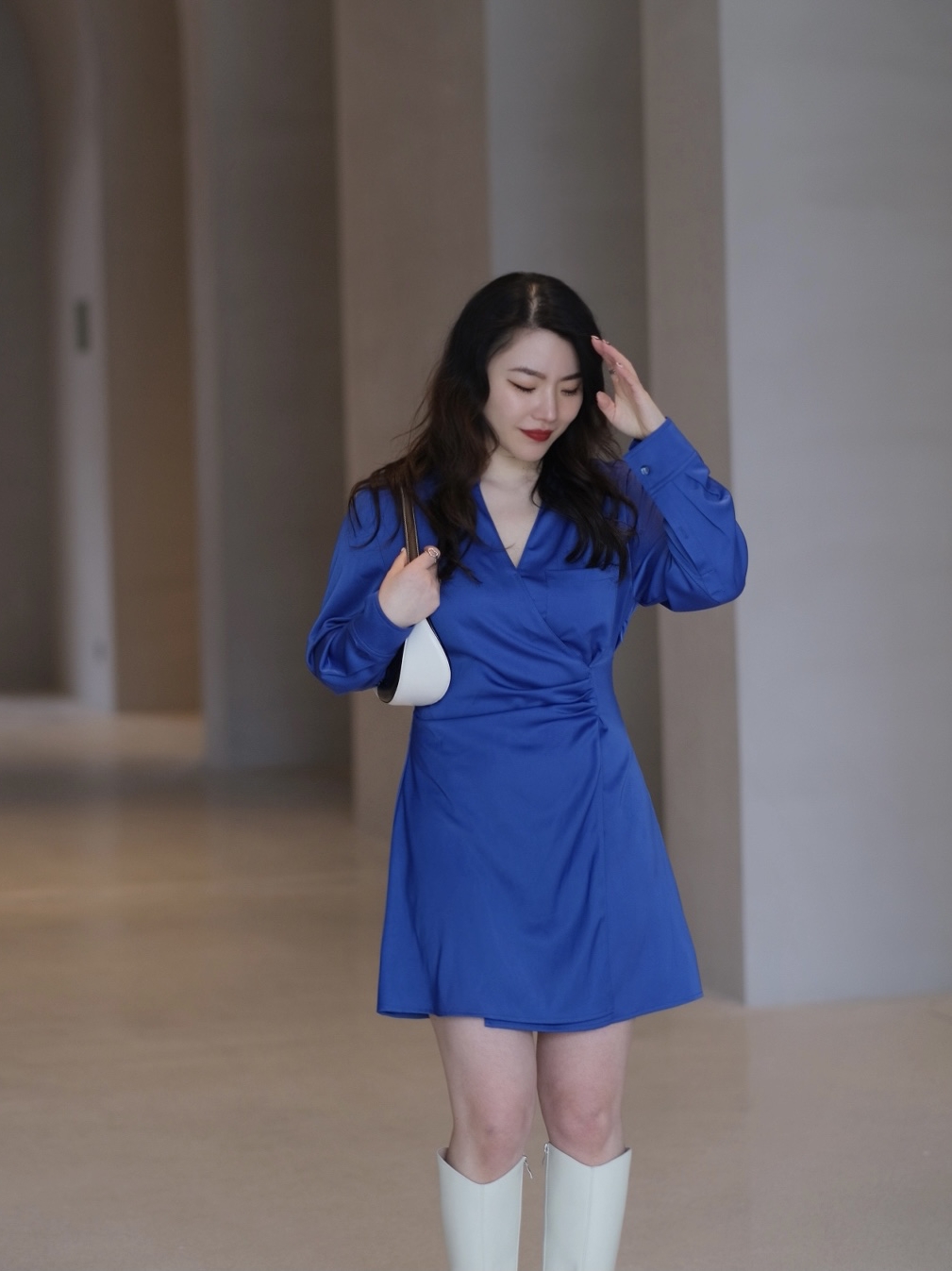 JML Ginger Wheat grain Klein Blue long-sleeved slimming and waist-cinching shirt dress autumn bag hip dress Light mature style feminine charm