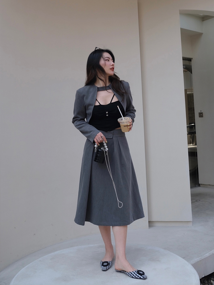JML ginger grain grey suit, small waistcoat, high-waisted wide-leg pants, slimming A-line skirt, elegant commuting set details Picture