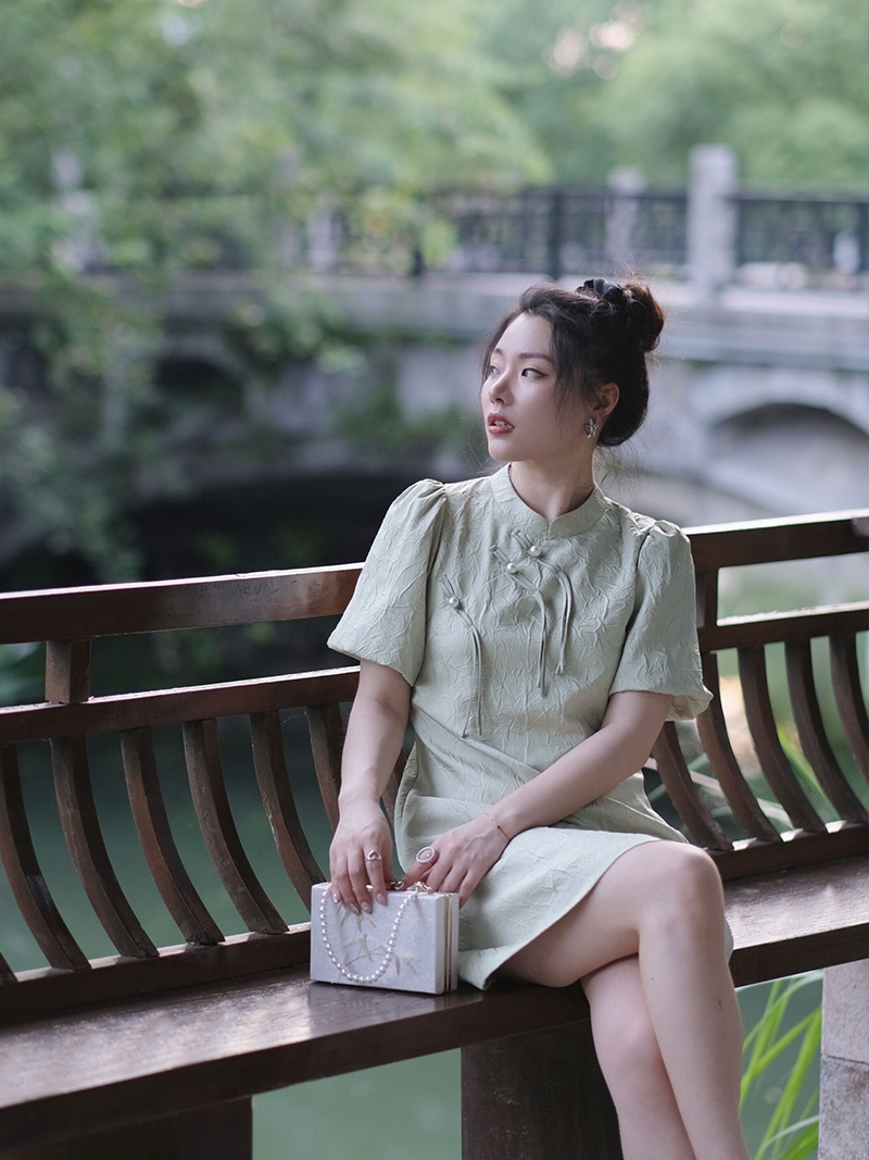 JML Ginger, wheat and bean green New Chinese-style women's dress, Chinese-style dress, improves the pear-shaped figure of the cheongsam woman Xia details Picture