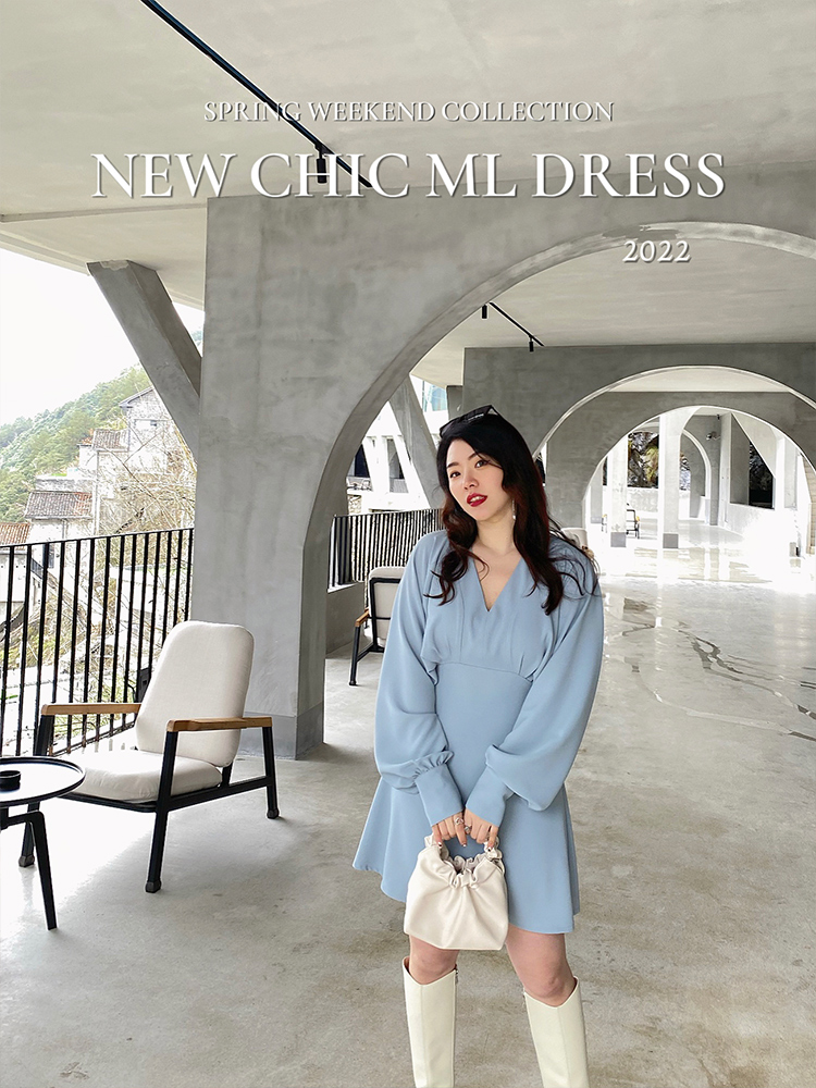 JML Ginger Grain Morandi Blue V-neck long-sleeved lantern sleeve high-waisted cinched dress for slimming women 2022 Spring