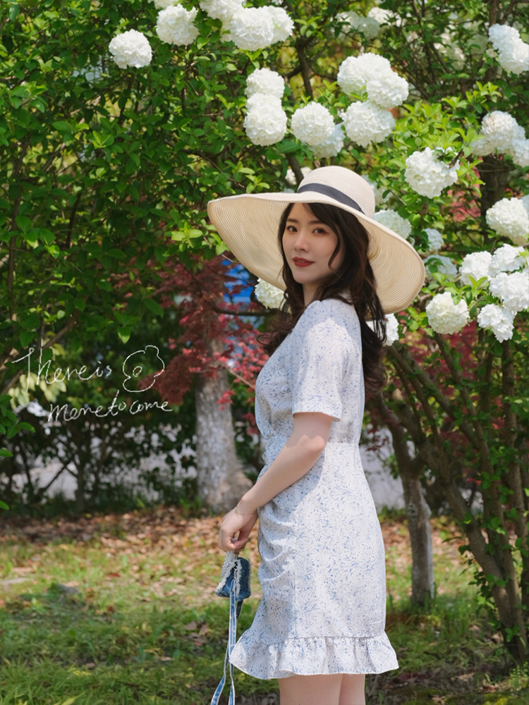 JML Ginger Wheat Grain French V-neck Picnic blue floral pleated high-waisted tea break dress Slimming short dress Application Scenario