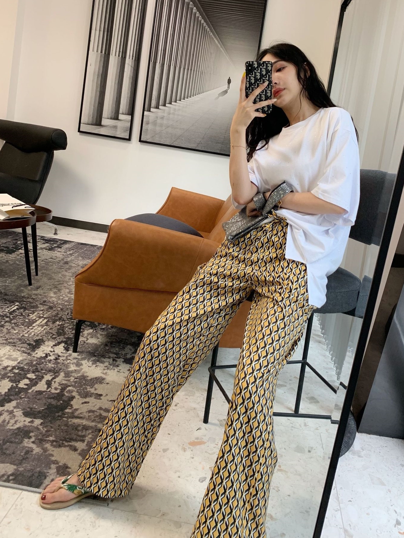 Wide-leg pants, women's high-waisted printed pants, summer ice silk straight leg, casual loose, slimming, floor-length beach pants, thin style Application Scenario