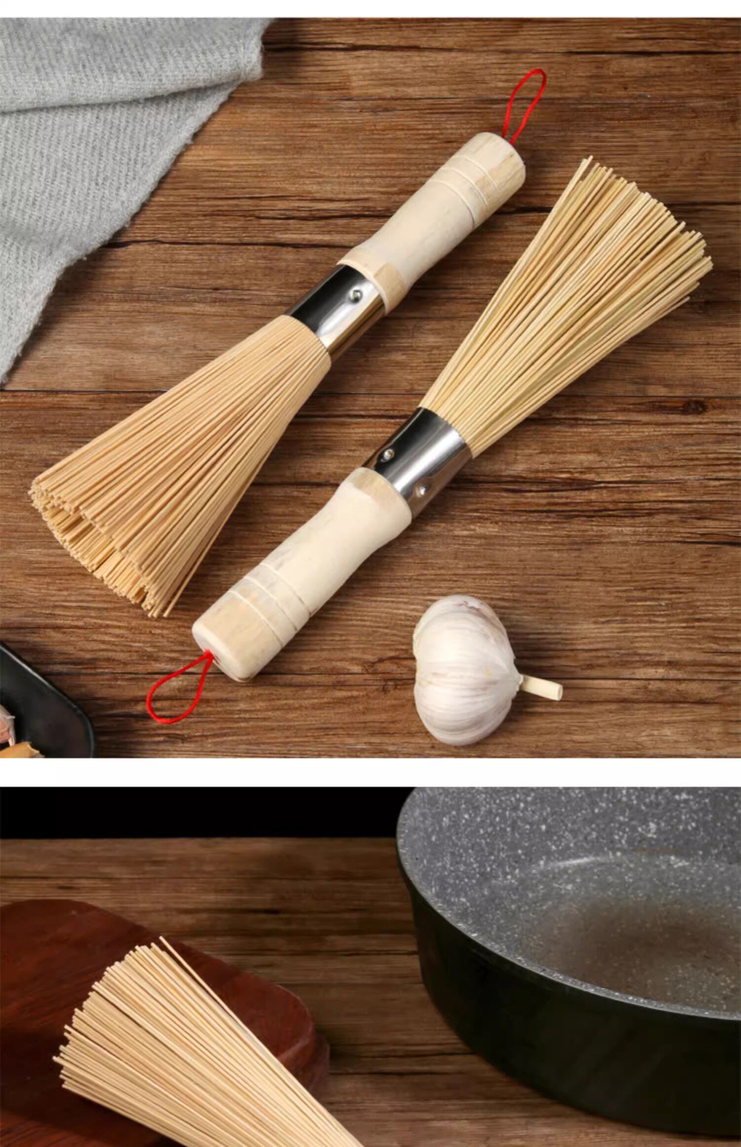 The old-fashioned bamboo pot brush with a solid wood handle is a kitchen household utensil for washing POTS and dishes. It is a bamboo brush for washing POTS and dishes and a cleaning brush pic 12