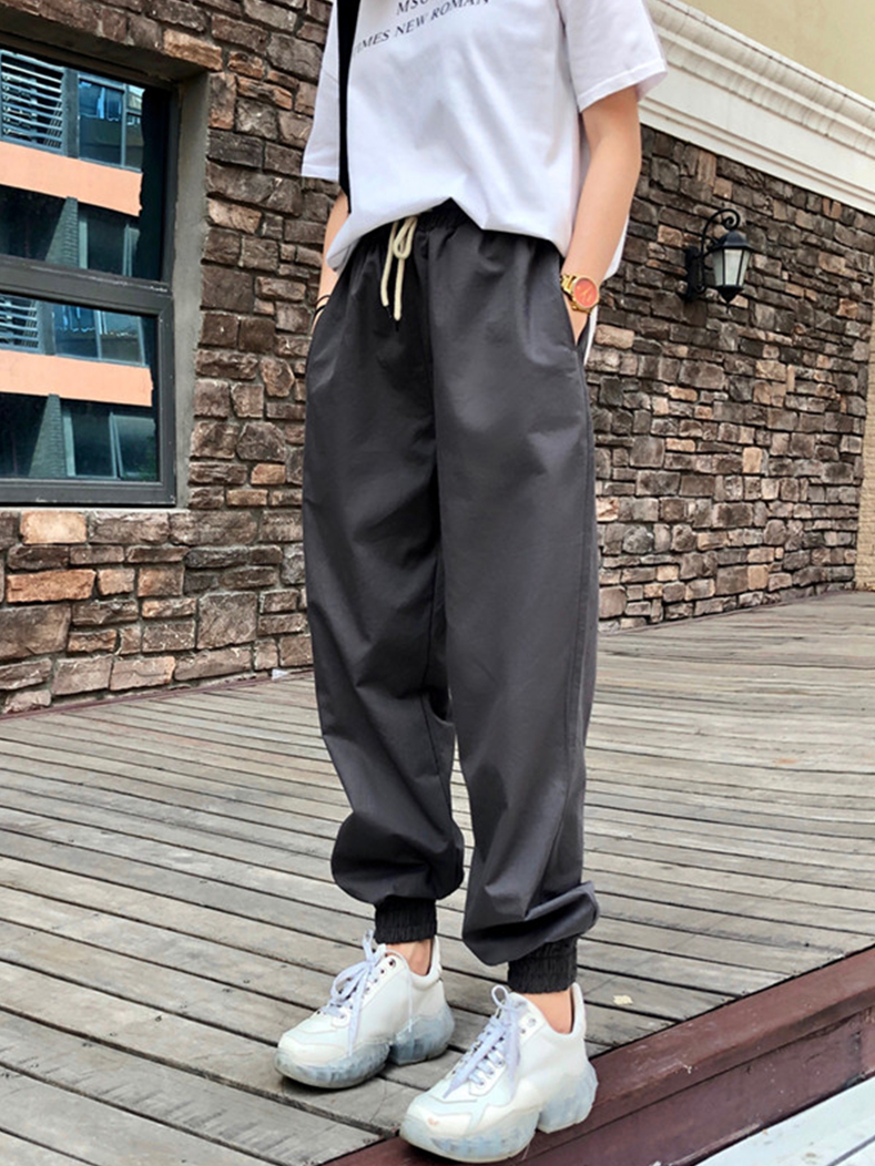 High-end grey French extended cargo pants for women, thick fleece casual pants for autumn and winter, slimming, tight-fitting Harem pants